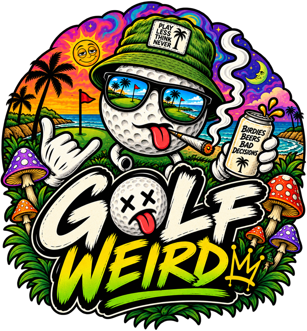 Golf Weird character — a golf ball in a bucket hat throwing a shaka on a psychedelic golf course